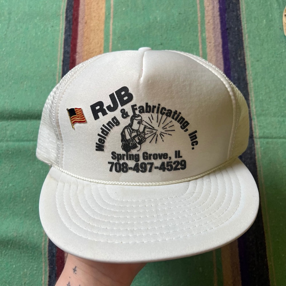 1980s Caps Trucker Hat Mens OSFA White RJB Welding Vintage Mesh Snapback Cap